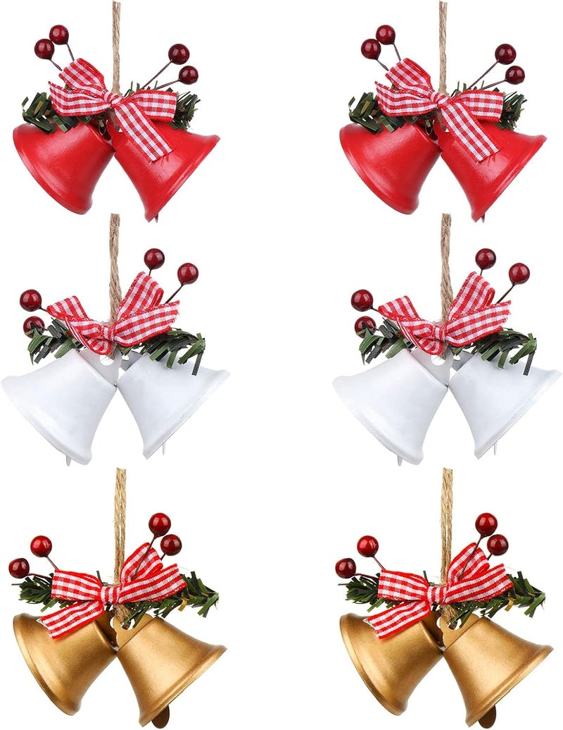 MACLARONX Christmas Jingle Bells Metal Decorative Bells Xmas Tree Ornaments for Wreath Holiday Crafts Rustic Home Hanging Decor Wind Chimes, Red White Gold (6 Pcs) - Image 1